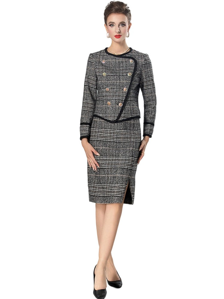 Long-sleeved double-breasted top + slim-fit skirt two-piece set