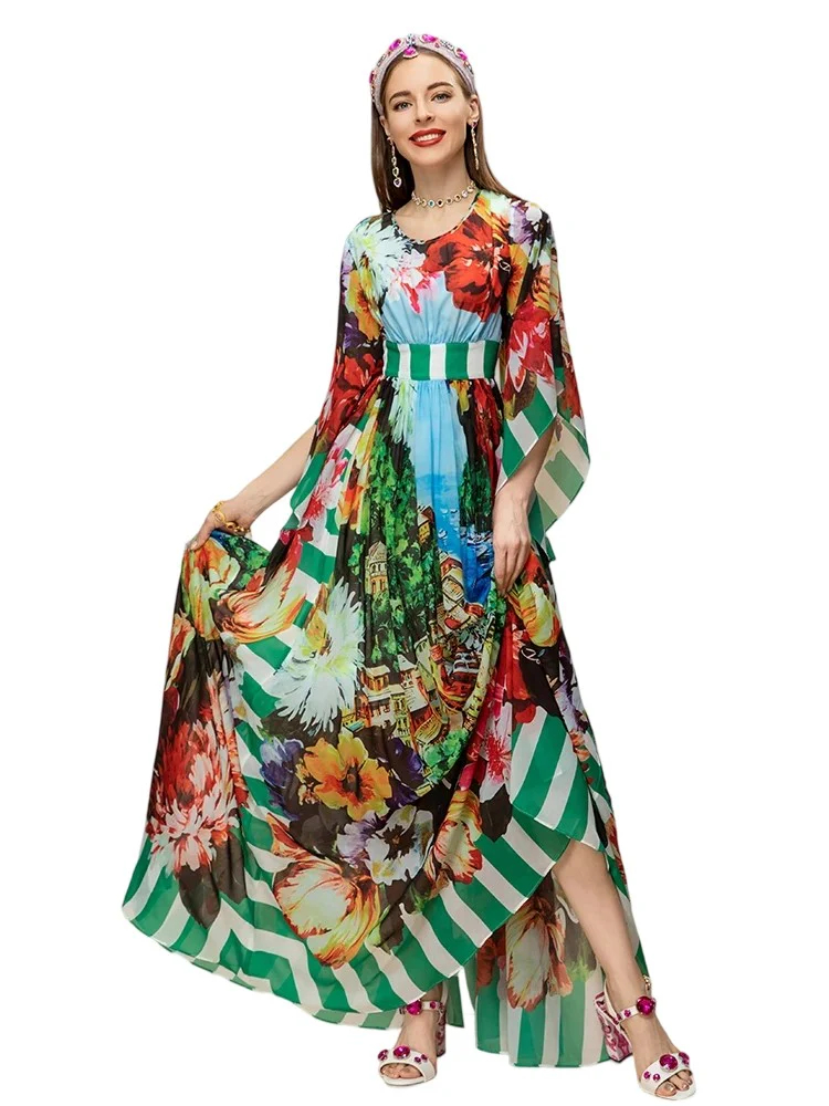 Round neck belted architectural print striped pleated dress
