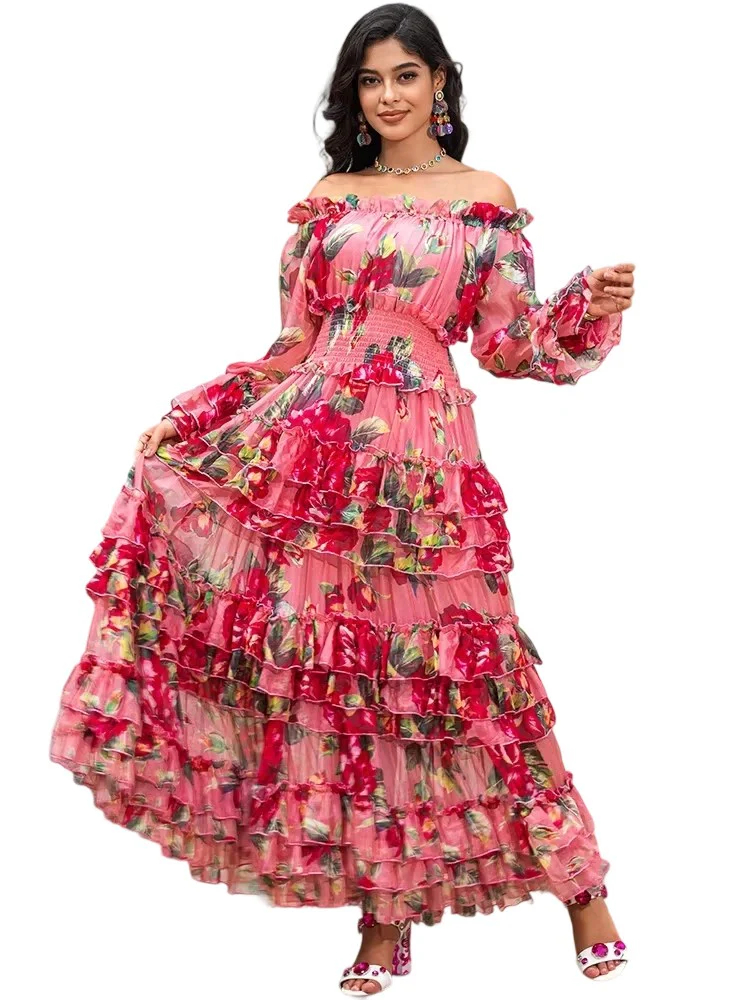 Bohemian floral print tiered ruffled elegant maxi dress