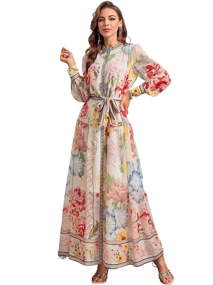 Bohemian floral print single-breasted chiffon dress