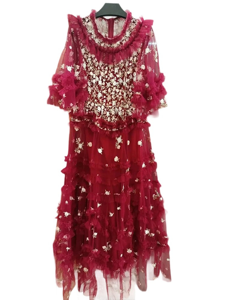 Trumpet Sleeve Embroidered Layered Ruffle Irregular Dress