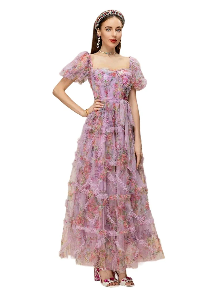 Women's Square Neck Belt Printed Layered Ruffle Irregular Dress